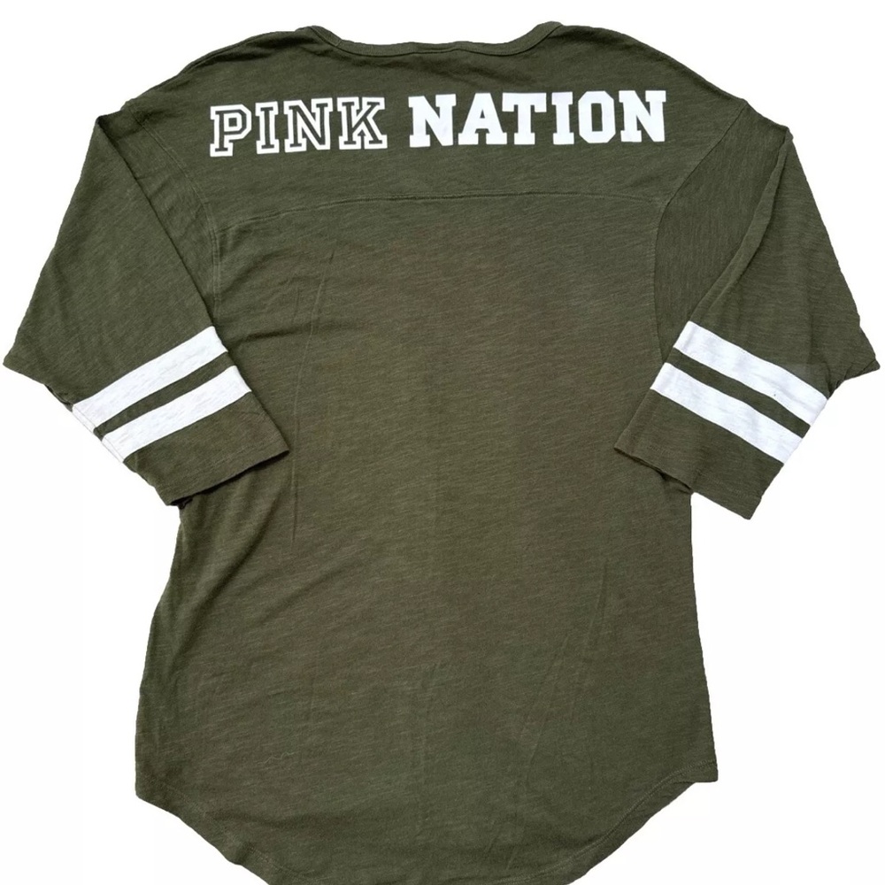 Victoria's Secret PINK Nation Quarter Sleeve Army Green Logo Tshirt Top Medium